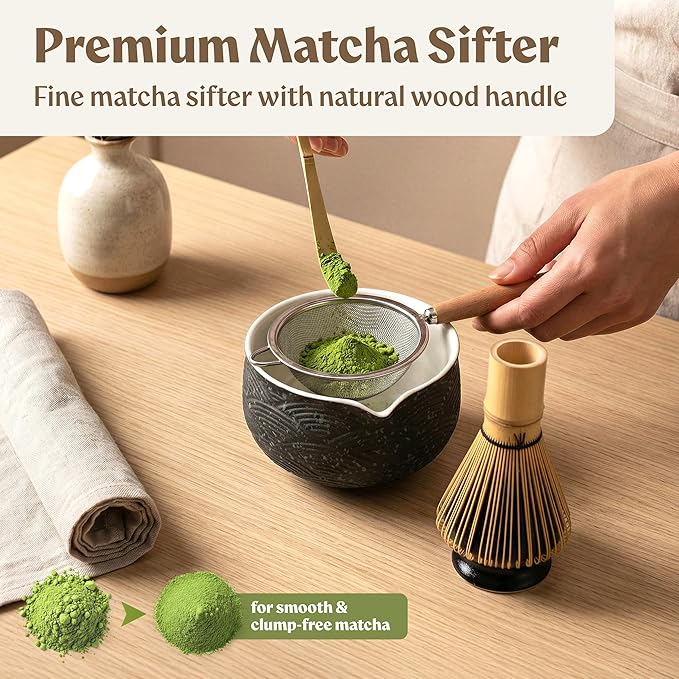 Matcha Kit Whisk Set (7 Pcs) - Complete Matcha Set, Matcha Bowl with with Bowl, Whisk and Holder, Bamboo Spoon/Scoop, Scoop Rester and Sifter incl. Booklet