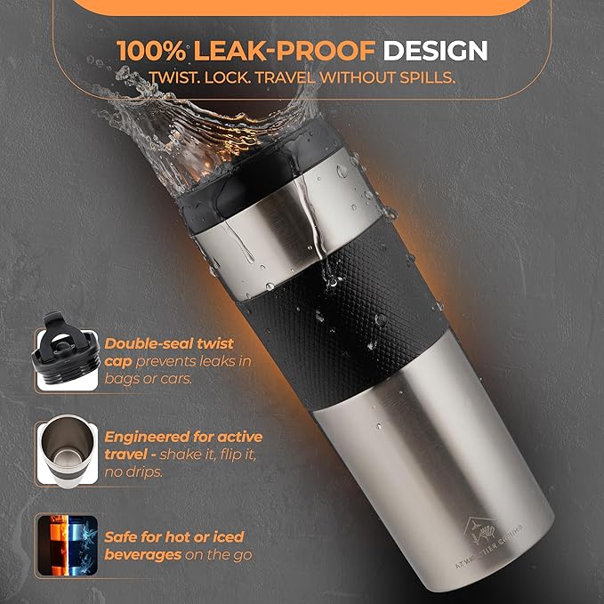 Travel French Press Black15oz Stainless Steel Double-Walled Vacuum Insulated Travel Coffee Mug with Leak-Proof Locking Lid, Keeps Coffee Hot 4 Hrs Portable for Camping, Office, Car, Premium Gift
