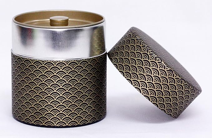 Washi Paper Tea Tin Canister: Wide 5.3oz (150g) Black waves with gold outlines (#91), Japan