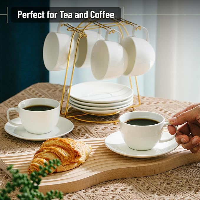 BTaT- Cappuccino Cups with Saucers 8 oz, Set of 12, White Porcelain Coffee Cup and Saucer Set for Latte, Mocha, Tea, Au Lait, Flat White, Dishwasher, Microwave, Freezer and Oven Safe