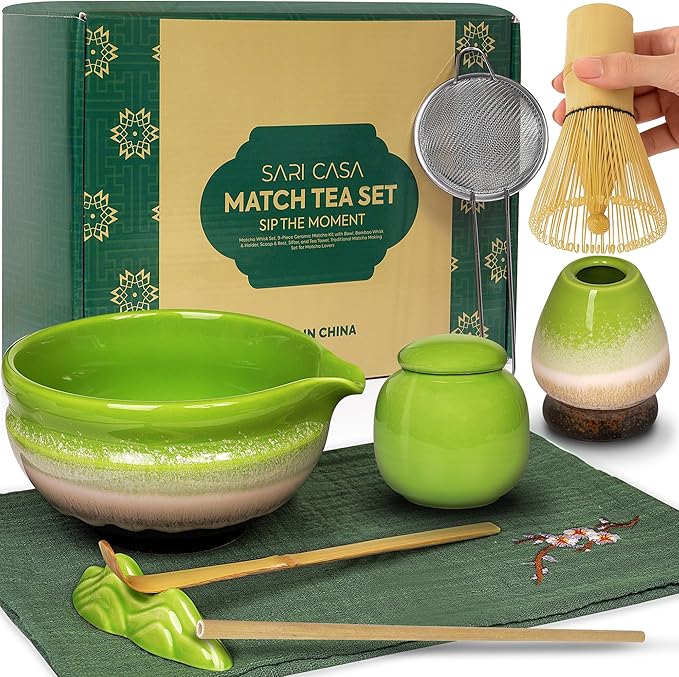 Matcha Whisk Set – Premium 9 Pcs Japanese Set for Tea Lovers - Traditional Kit, Green Matcha Kit Including Bowl (Chawan), Bamboo Whisk and Scoop Holders, Sifter Canister and Straw