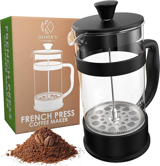 Oliver's Kitchen ® 1 Liter French Press Coffee Maker - A Cafetiere Designed Exclusively for Coffee Lovers - Enjoy Pure Authentic Coffee At Home - Stylish Design with Heat Resistant Thickened Glass