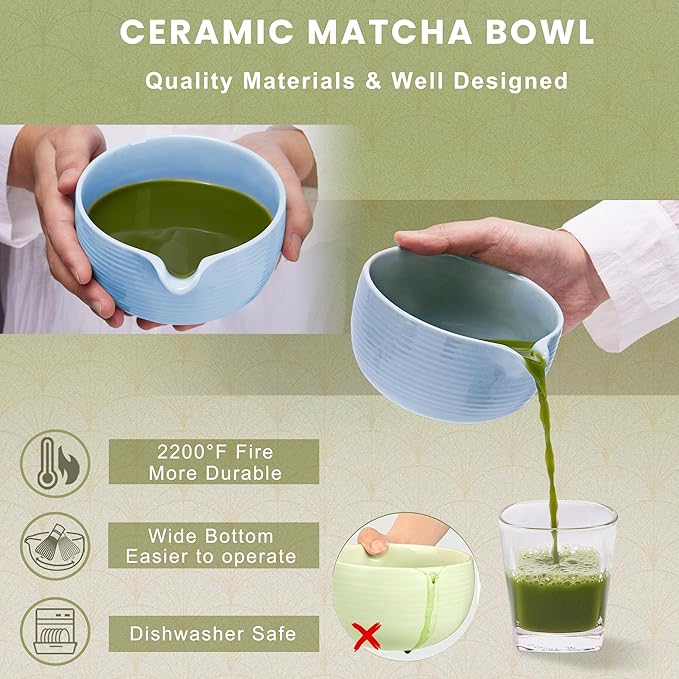 Traditional Matcha Set, Line Blue Ceramic Matcha Bowl, Bamboo Whisk (Chasen), Sifter, Scoop & Spoon - 6 Pcs Matcha Kit