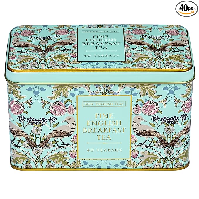 New English Teas Song Thrush and Berries Tea Tin in Green with 40 English Breakfast Teabags