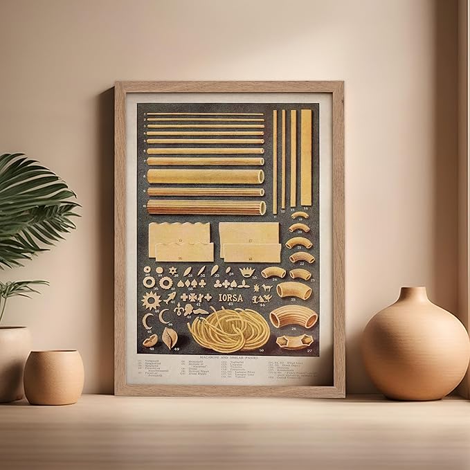 Poster Master Vintage Food & Drink Poster - Retro Pasta Print - Varieties of Pasta Art - Gift for Him, Her, Chef, Cook - Great Decor for Restaurant, Kitchen, Dining Room, 16x20 Beige Framed