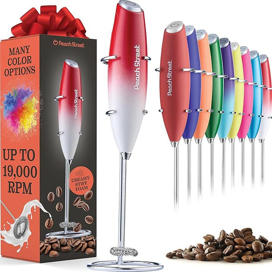 Powerful Handheld Milk Frother, Mini Milk Foamer, Battery Operated (Not included) Stainless Steel Drink Mixer with Stand for Coffee, Lattes, Cappuccino, Frappe, Matcha, and Hot Chocolate. (Red/White)