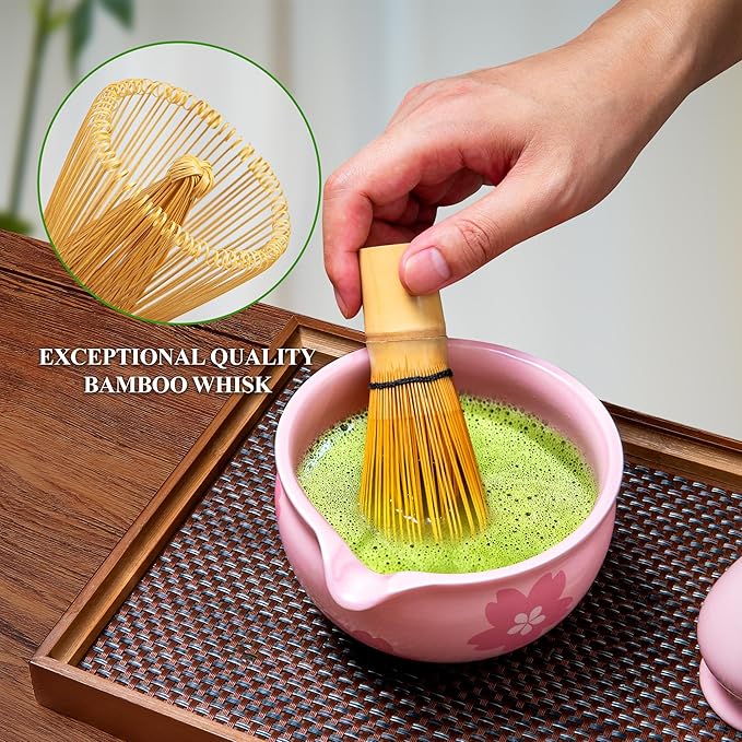 Matcha Whisk Set Matcha Making Kit Bamboo Chasen Ceramic Whisk Holder Stand Sifter Scoop Japanese Tea Tools (Solid Pink)
