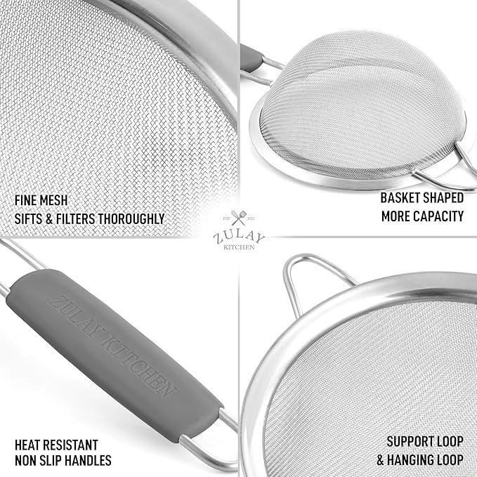 Zulay Kitchen Premium Stainless Steel Fine Mesh Strainer Set - Strainers For Kitchen (Set of 3) With Non-Slip Handles - Includes A Small, Medium & Large Fine Mesh Sieve Set - Durable Metal Strainer