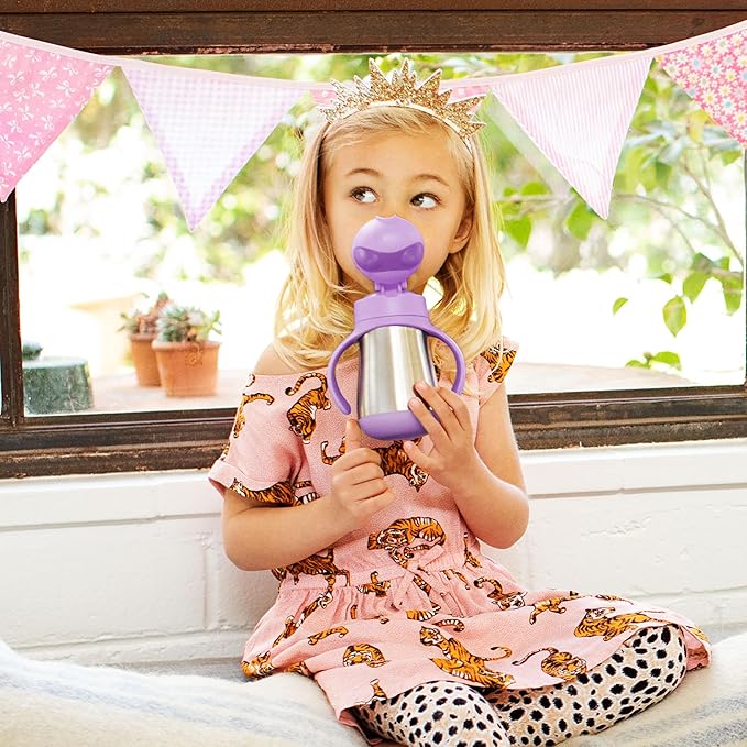 Munchkin Cool Cat Sippy Cup with Straw for Toddlers, Stainless Steel Straw Cup, 8 Ounce, Purple