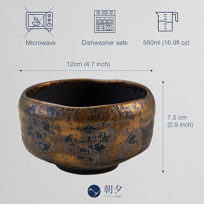 Asayu Japan Matcha Bowl, Handmade in Gifu Japanese Ceramic Chawan, 600ml, Dishwasher Safe for Tea Ceremoney, Green Tea, Pottery - Kogane