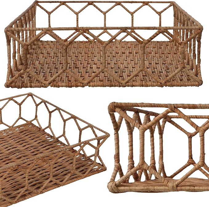 happimess TRY1001B Honeycomb 19.75" Rustic Bohemian Hand-Woven Rattan Tray for Storage,Decoration, Display, Coffee Table or Serving Food, Light Brown