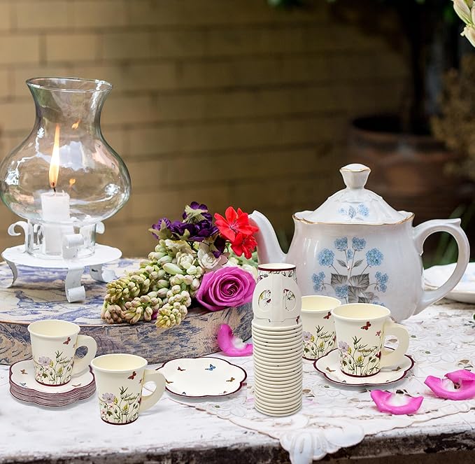 Gift Boutique 24 Tea Party Cups Disposable 5 Oz 24 Saucers Paper Plate Floral Wildflower Butterfly Teacup Set with Handles for Kids Girls Birthday