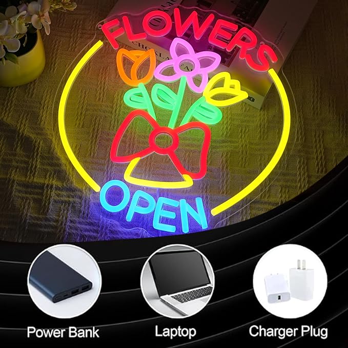 Flowers Open Neon Sign for Business Decor Dimmable Beautiful Flower Shop Neon Light Sign Bright Open Light up Sign for Florist Garden Supermarket Souvenir Store Bar Home Party Window Art Wall - Image 3