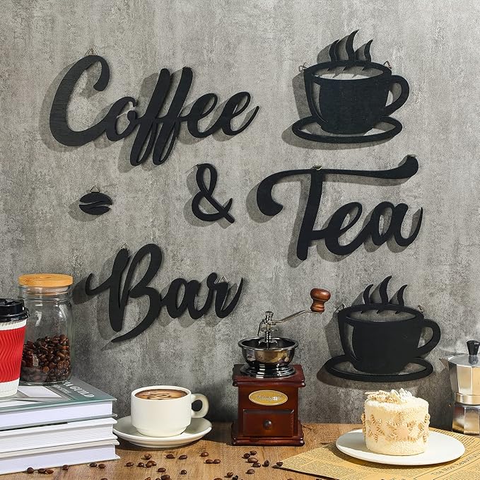 Queekay 7 Pieces Coffee Bar Sign Rustic Wall Decor Art Wooden Sign with Coffee Beans and Cups Decor for Bar Counter Home Office Kitchen