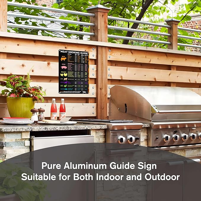 BBQ Smoker & Meat Smoking Accessories with Temperature/Time Guide Sign for Smokers & Pellet Grills - Grill Cooking Thermometer Chart Gift Metal Sign 12x8 Inch