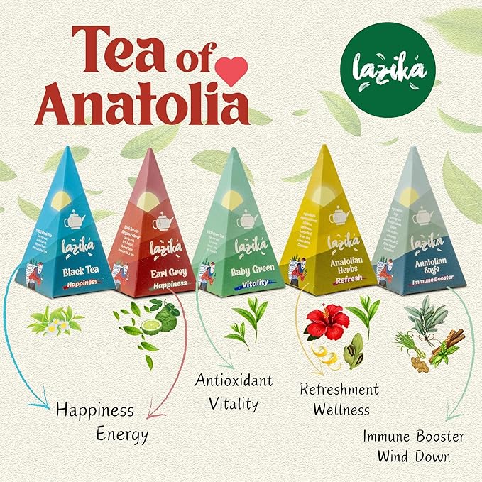 Lazika Tea Sampler with Lovely Presentation Box, 20 Counts, 4 of Each Blend Individually Wrapped, Black, Green and Herbal Tea Variety Gift Set, Premium Collection with Pyramid Infuser Bag, Handcrafted