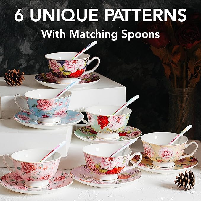 BTaT- Floral Tea Cups and Saucers with Spoon, 8 oz, 6 Set, Porcelain Tea Cups Sets, Dishwasher Safe