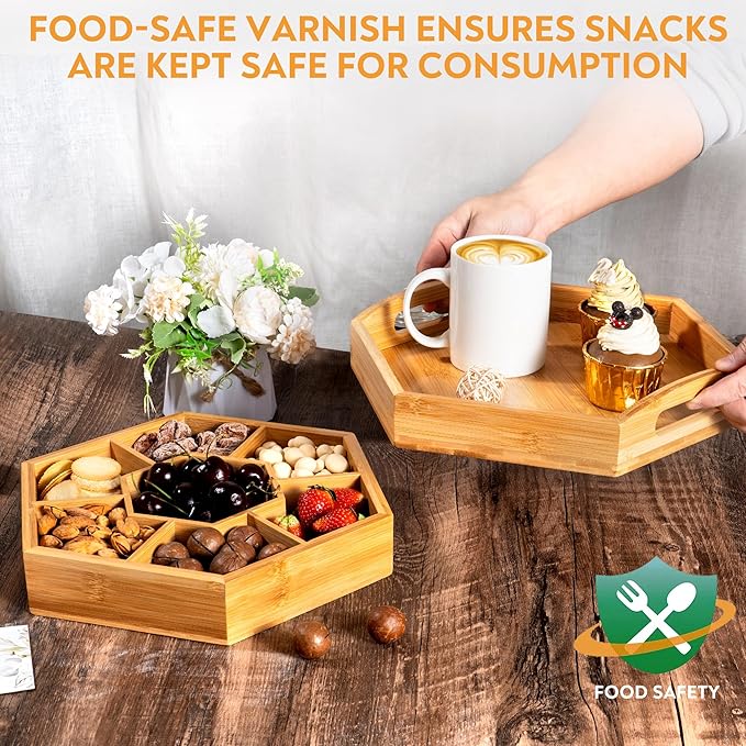 Snack Tray with Lid That Doubles as a Serving Tray – 13"x11" Bamboo Wooden Dry Fruit Tray for Nuts & Candy, Decorative Trays for Home Decor, Coffee Table or Ottoman Use (Bamboo, 13"x11")