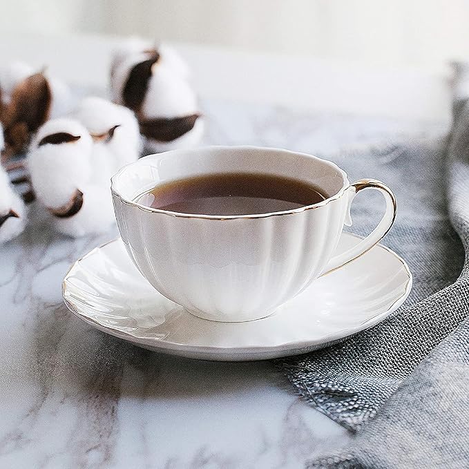 BTaT- Cappuccino Cups with Saucers 7 oz with Gift Box, Set of 6, White Porcelain Coffee Cup and Saucer Set for Latte with Golden Trim Design, Dishwasher Safe, Mocha, Tea, Au Lait, Flat White