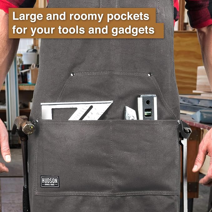 Hudson Durable Goods Deluxe Edition Waxed Canvas Tool Apron for Men and Women, Heavy Duty Work Apron with Pockets for Tools, Adjustable Crossback Straps - Grey - Image 2