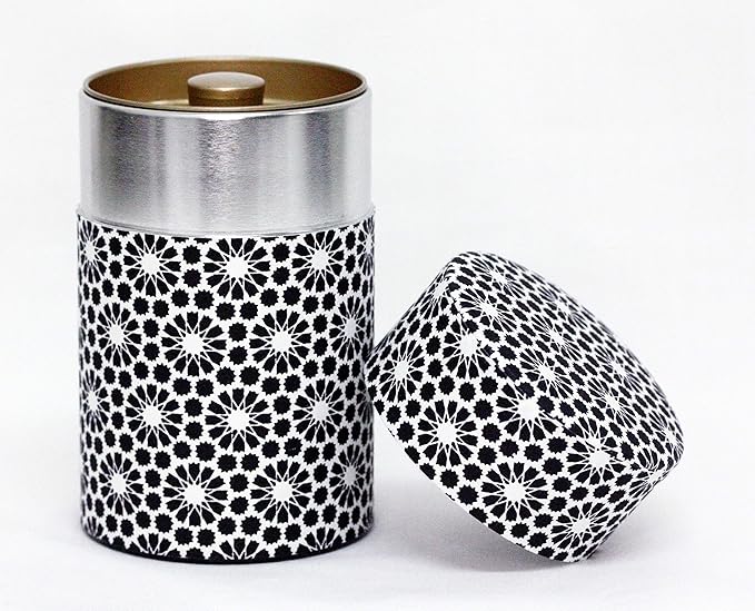 Washi Paper Tea Tin Canister: Long 3.5oz (100g) Black & White Sunflowers (#67), Japan