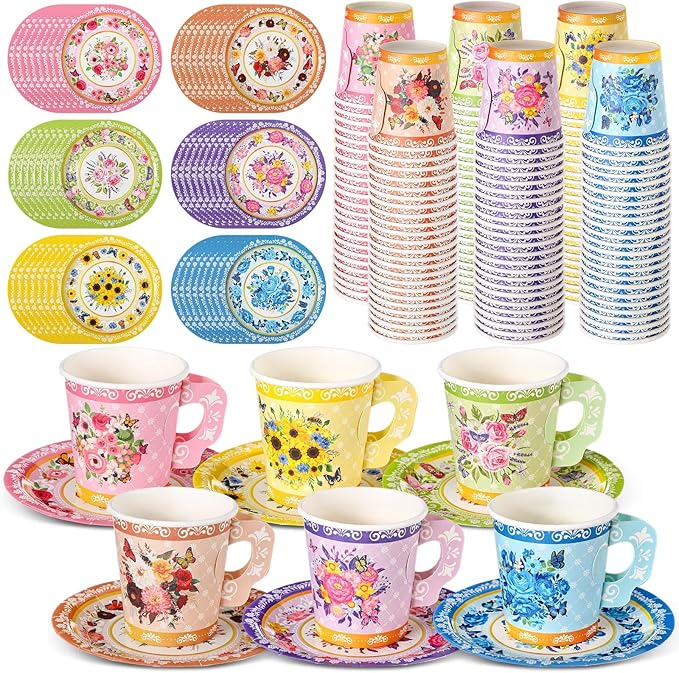 Nuogo 300Pcs Floral Paper Tea Cups and Saucers 7 OZ Disposable Tea Cup with Handle and Plates for Party Supplies Wedding Birthday Baby Shower Bridal Mother's Day, Serve 150 Guest(Elegant Color)