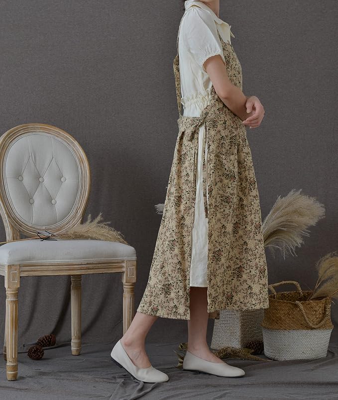 Japanese Cotton Linen Cross Back Apron with Pockets,Fashion Pinafore Dress for Gardening Painting Cleaning Cooking - Image 4