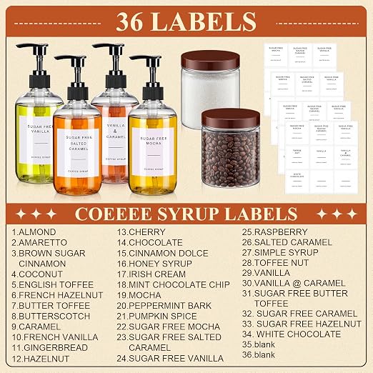 9 Pcs Coffee Syrup Dispenser Set 10.1 Oz/300 ml Plastic Coffee Syrup Dispenser Pump Bottle Pet Jar with Lids Gold Spoon and Labels for Home Bar Organization - Image 4