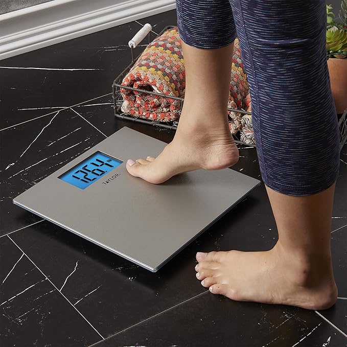 Taylor Digital Scales for Body Weight, 400 LB Capacity, Unique Blue LCD, Auto on and Off Scale, 11.8 x 11.8Inches, Stainless Steel