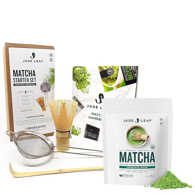 Jade Leaf Matcha Traditional Matcha Starter Set (Bamboo Whisk and Scoop, Stainless Steel Sifter) and Organic Ceremonial Matcha (30g Pouch)