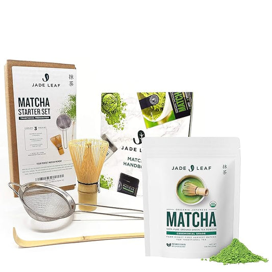 Jade Leaf Matcha Traditional Matcha Starter Set (Bamboo Whisk and Scoop, Stainless Steel Sifter) and Organic Ceremonial Matcha (30g Pouch)