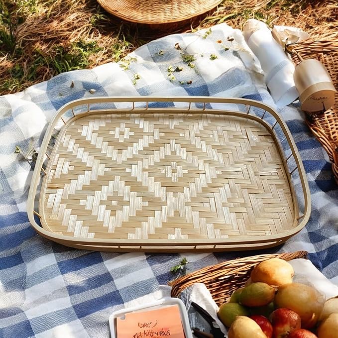 Rectangular Bamboo Wicker Serving Trays with Handles, Handwoven Coffee Trays for Coffee, Breakfast, Bread, Food, Dish and Decorative Tray for Dining Table (1)