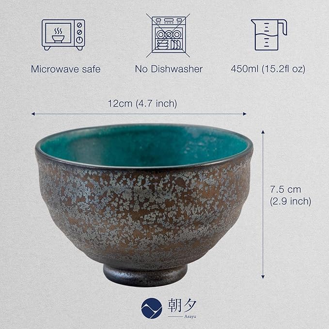 Asayu Japan Matcha Bowl, Handmade in Gifu Japanese Ceramic Chawan, 12 x 7.8 cm, 500ml, Microwave Safe for Tea Ceremoney, Green Tea, Pottery - Kurogane Turquoise