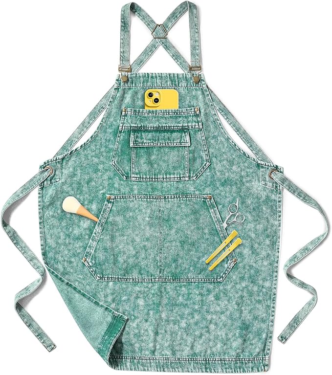 Denim Apron with Pockets for Hair Stylist Gardening Craftsmen Barista Women Hairdresser Jean Work Apron Cross Straps