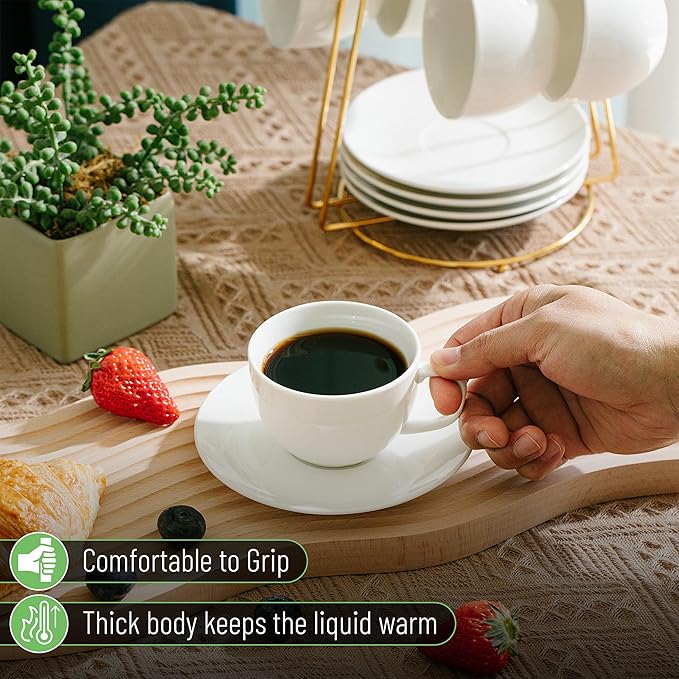 BTaT- Cappuccino Cups with Saucers 7 oz, Set of 6, White Porcelain Coffee Cup and Saucer Set for Latte, Mocha, Tea, Au Lait, Flat White, Dishwasher, Microwave, Freezer and Oven Safe