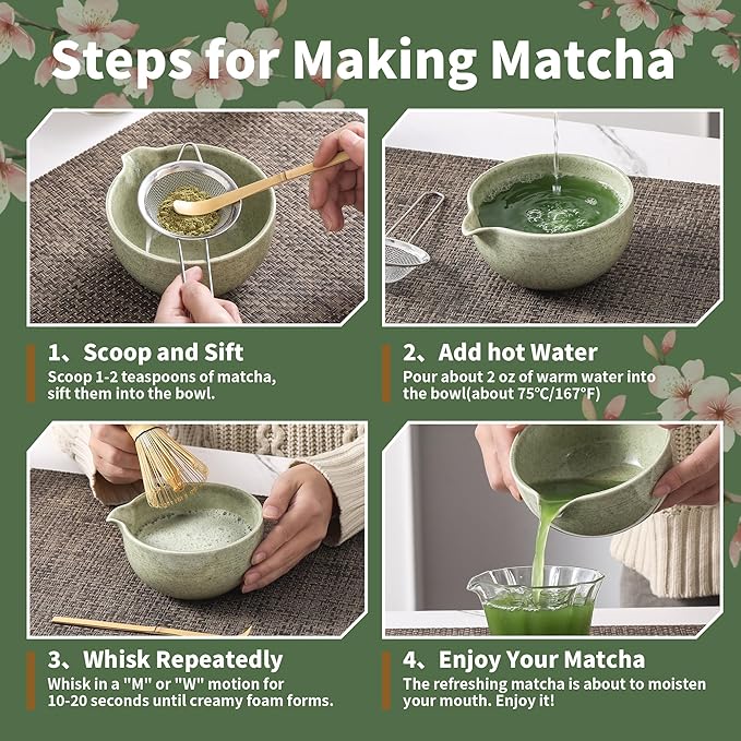 Matcha Whisk Set 5 Pcs, Matcha Kit Set Includes Matcha Bowl, Matcha Whisk and Holder, Bamboo Scoop and Sifter, Ceramic Matcha Set, Matcha Tea Set, Ideal Gift for Family/Friend (Green)