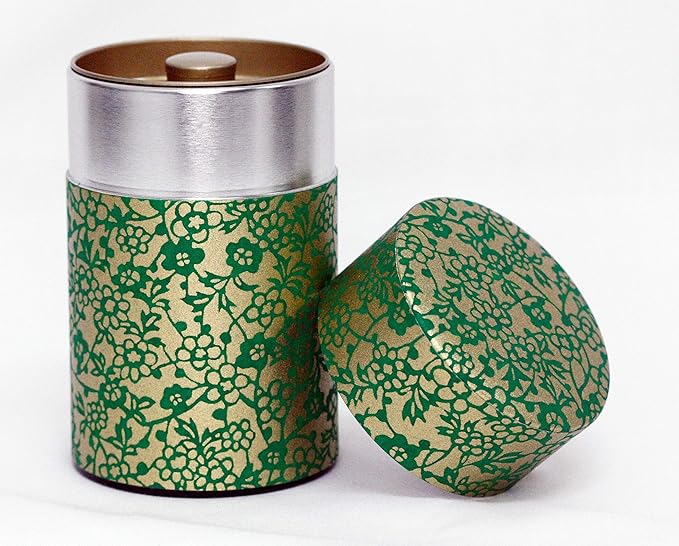 Washi Paper Tea Tin Canister: Long 3.5oz (100g) Green and gold Flower & Ivy (#81), Japan