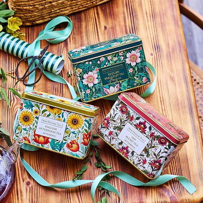 New English Teas Victorian Lotus Flower Tea Tin with 40 Traditional 1869 Blend Teabags, Inspired by Embroidery & Textile Designs