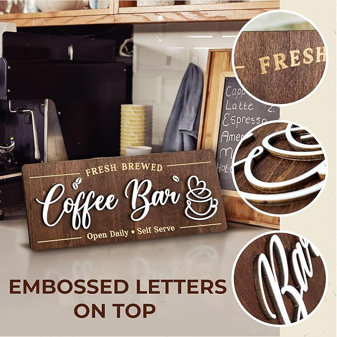 Woodamore Coffee Bar Signs for Wall Decor - Vintage Coffee Accessories for Cafe Station Signs Decorations, Small Farmhouse Cafe Sign for Home Decor Kitchen, Countertop