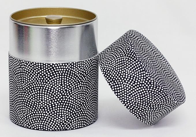 Washi Paper Tea Tin Canister: Wide 7oz (200g) Black with White Dotted Shark Scales (#76), Japan