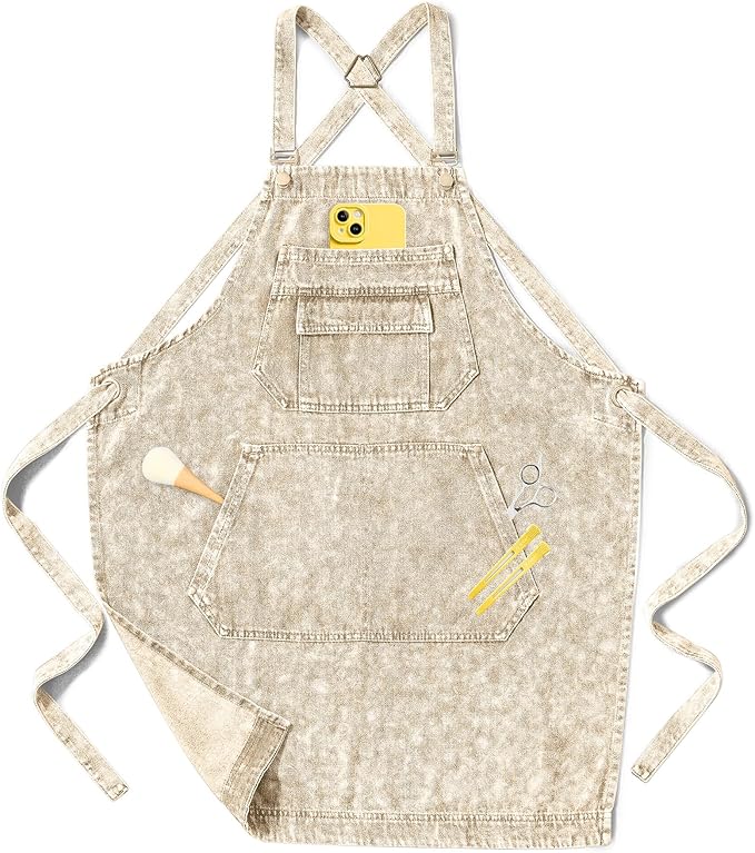 Denim Apron with Pockets for Hair Stylist Gardening Craftsmen Barista Women Hairdresser Jean Work Apron Cross Straps