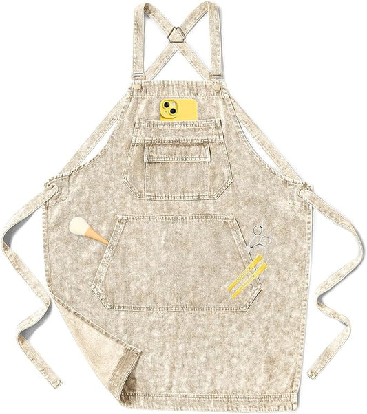 Denim Apron with Pockets for Hair Stylist Gardening Craftsmen Barista Women Hairdresser Jean Work Apron Cross Straps