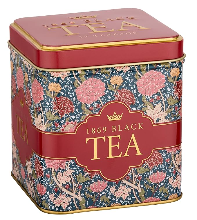 New English Teas Victorian Garden Tea Tin with 32 English Breakfast Teabags – Tapestry Inspired Tin with Decorative Pink Florals (1869 Blend)