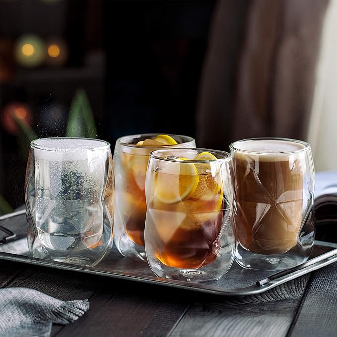 BTaT- Double Walled Glasses, 4 Pack, 12 oz (350 ml), Insulated Diamond Shaped Glass Cups, Double Wall Drinking Glasses for Iced Tea, Juices, Water, Cocktails, Hot and Cold Beverages