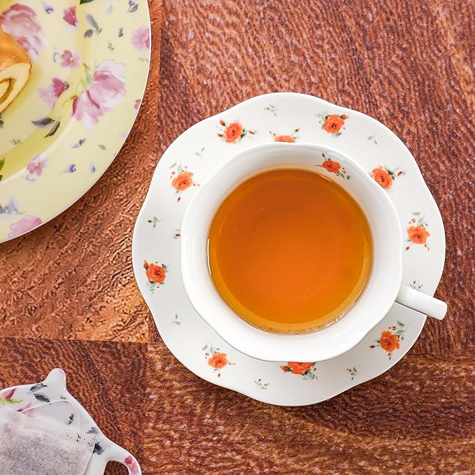 12-Piece Porcelain Tea Cup Set, 6 Cups & 6 Saucers with Classic Rose Pattern, Ceramic 6oz Scalloped Cups, Dishwasher & Microwave Safe