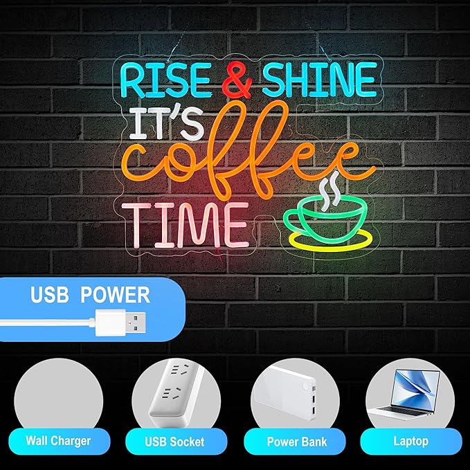 Coffee Bar Sign Rise Shine It's Coffee Time Neon Signs for Wall Décor Dimmable Cafe Station LED Neon Sign Light Decor