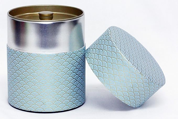 Washi Paper Tea Tin Canister: Wide 7oz (200g) Skyblue waves with gold outlines (#89), Japan