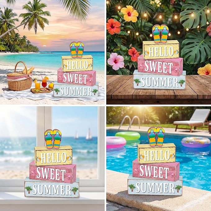 Geelin 4 Pcs Summer Decorations Wooden Sign Hello Summer Flip Flop Table Centerpiece Tiered Tray Decor Beach Farmhouse Blocks Table Top Sign for Home