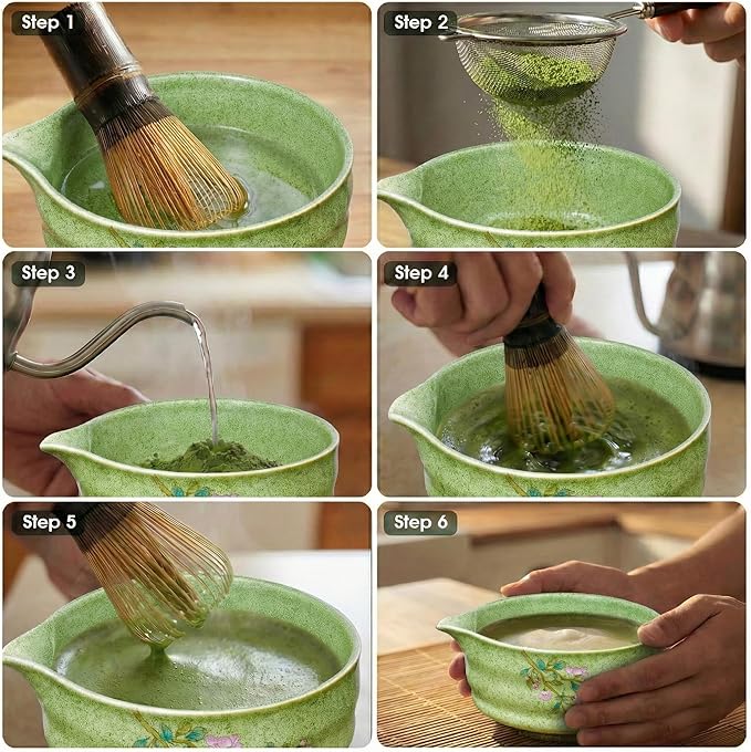 7-Piece Matcha Set with Ceramic Matcha Bowl, Bamboo Whisk (Chasen) & Holder, Sifter, Tea Scoop & Rest, Special Bamboo Tea Mat - Perfect Matcha Kit for Matcha Lovers & Gift Giving, Green