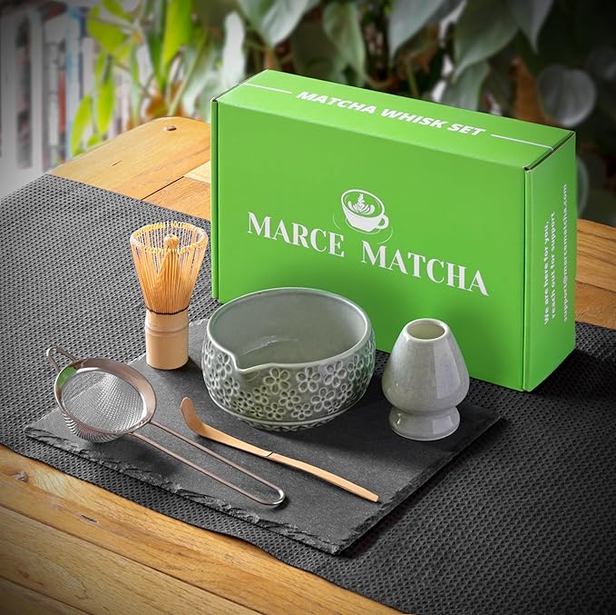 Matcha Whisk Set- Matcha Set includes Matcha Whisk and Bowl, Sifter, Holder and Scoop- The Perfect Bamboo Whisk for Matcha Tea (Blue Flowers)